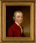 19TH C BRITISH SCHOOL, oil on canvas - Portrait of a gentleman, in red coat and waistcoat, crossed