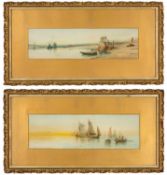 ALEXANDER WILLIAMS RHA (Irish, 1846-1930) watercolours - Fishing boats in calm water at sunrise,