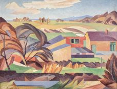 ‡ PETER HUMPHREY (British, 1913-2001) oil on board - Cubist landscape, fully signed, 52 x 62cms