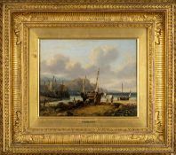 WILLIAM SHAYER (British, 1789-1879) oil on panel - Fishing boats, fishermen and carthorses on a