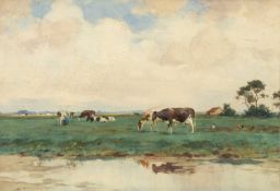 ‡ ADRIANUS JOHANNES GROENEWEGEN (Dutch, 1874-1963) watercolour - Milking time, signed, 34 x 50cms