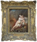 EARLY 19TH C ITALIAN SCHOOL, oil on panel - Venus protecting Cupid, in a cave beside fruit basket