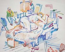 ‡ FRED YATES (British, 1922-2008) watercolour - reclining nude in life drawing class, signed in