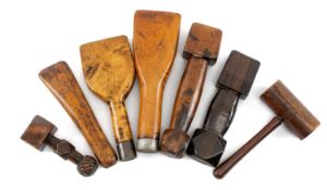 ASSORTED MARINER'S SEAM RUBBERS including one carved with knot finial, two others with metal collars