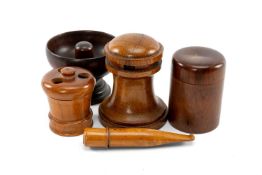 ASSORTED TOBACCO SMOKING ACCESSORIES including turned mahogany pipe bowl, Capstan style turned oak