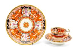 SWANSEA PORCELAIN TRIO, set pattern no. 259, decorated in iron red, black, green and puce in a Japan