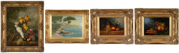 J. CALI oil on board - exotic parrots and autumn fruit, signed, 49 x 38cms; together with V.F. PUPPO