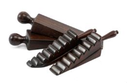 PAIR MAHOGANY TREEN DISH SLOPES, bearing initials of 'FR' underneath the turned mahogany handles,