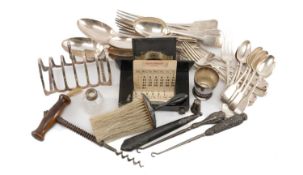 ASSORTED VICTORIAN SILVER & EPNS FIDDLE PATTERN FLATWARE, patent desk calendar, knife sheath, button