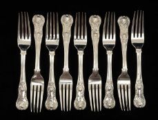 SET OF NINE GEORGE IV SILVER FORKS, King's pattern, engraved stags head crest, London 1822, Thomas