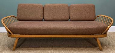 MID-CENTURY ERCOL MODEL 355 STUDIO COUCH, late 50's, solid elm backboard with beech supports,