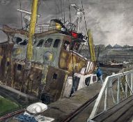 ‡ PHILIP MUIRDEN (1932-2023) oil on canvas - entitled verso, 'Burning Boat, Milford', signed and