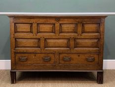 19TH C. OAK MULE CHEST, quarter hinged top, probably associated, applied fluted moulding to square