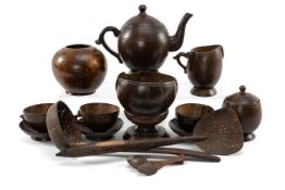 COLLECTION OF COCONUT TREEN, including tea service of cups, spoons, milk jug, tea pot, goblet
