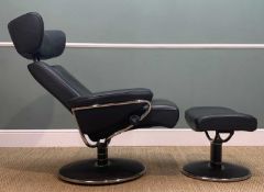 EKORNES STRESSLESS 'JAZZ' RECLINER & OTTOMAN, black leather upholstery, adjustable headrest, 101 (h)