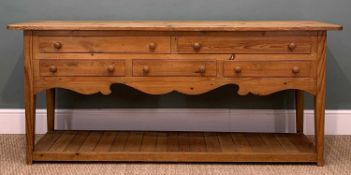 PINE LOW DRESSER, two long over three frieze drawers, shaped apron, tongue & groove pot board, 78 (