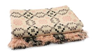 WELSH WOOLLEN BLANKET (CARTHEN), woven in cream, pink, & black in the Caernarvon or Portcullis