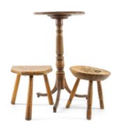 TWO STOOLS & TRIPOD TABLE, table with ring turned column and splayed legs 71cms h, stools with