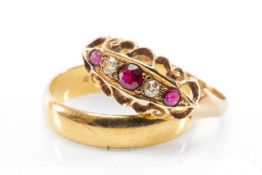 22CT GOLD WEDDING BAND, 3.5gms, together with and 18ct gold diamond chip and ruby five stone ring,