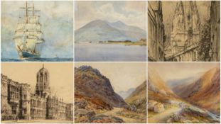 ASSORTED WATERCOLOURS & PRINTS including J.H. JONES watercolour - a tall ship, signed and dated