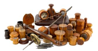 COLLECTION OF TREEN WATCH MAKERS EQUIPMENT, including chest drill, cased drill bits, anvil, oil