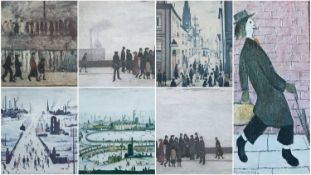 AFTER L.S. LOWRY, seven colour prints - including The Organ Grinder, The Pond, etc., largest 27 x