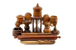 COLLECTION OF WRITING TREEN, including string box, timer, beehive money boxes, pounce mill, pounce