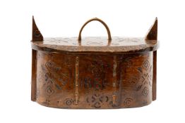 19TH C. NORWEGIAN TINE BOX, bentwood with vertical stitching, carved with motifs and dated '1886',