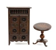 MINIATURE WALNUT MARQUETRY TRIPOD TABLE, with tilt action top 18cms diam, and carved oak food