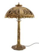 BRADLEY & HUBBARD STYLE TABLE LAMP, gilt spelter, with hexagonal framed silk-faced card shade, on