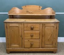 ANTIQUE PINE CHIFFONIER SIDEBOARD, shaped back with single shelf, three central drawers with