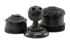 SMALL GROUP OF CARVED IRISH BOG OAK TREEN including box and cover, pin dish, quill holder and