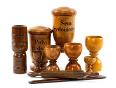 COLLECTION OF APOTHECARY TREEN including, pair of drug containers with nicely lettered labels,