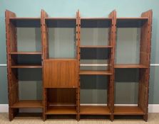 FOUR SECTION MODULAR SHELVING UNIT, teak veneered plywood, adjustable shelves and storage