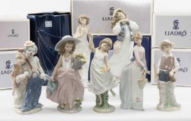 SEVEN LLADRÓ FIGURINES including, Basket of Love 7622, Afternoon Promenade 7636, Dreams of a