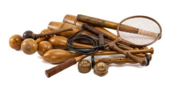 COLLECTION OF EXERCISE TREEN, including dumbbells, Indian clubs, massage balls and foot roller/