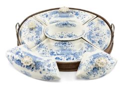 19TH CENTURY STAFFORDSHIRE BLUE & WHITE POTTERY SUPPER SET, printed in Dresden pattern, complete