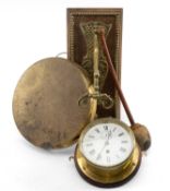 SHIPS BULKHEAD CLOCK AND BRASS DINNER GONG, clock 14cms (diam.) enamel and painted face, gong a