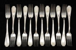 SET OF TWELVE WHITE METAL TABLE FORKS, marked 'Erhardt' and '100' (12) Provenance: private