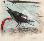 ‡ NICKY ARSCOTT (Welsh Poet and Artist) mixed media on canvas - entitled verso, 'Crow,