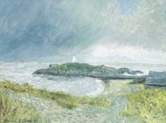 ‡ THOMAS DANIEL JONES (Welsh Contemporary) oil on canvas - entitled verso 'Tywydd Gwyllt Llanddwyn',