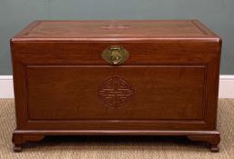 CHINESE CAMPHOR WOOD BLANKET CHEST, central carved shou roundel to lid and panelled sides, 61 (h)