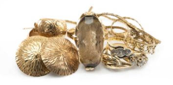 GROUP OF YELLOW METAL JEWELLERY comprising five rings, one set with diamond chips, two pairs of