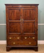 18TH CENTURY YEW CUPBOARD, cornice above two-door cupboard, shelved inner, two short over one long