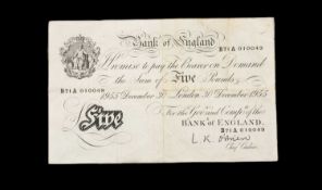 1955 BANK OF ENGLAND WHITE FIVE POUNDS NOTE, L.K. O'Brien cashier, no. B71A 010049 Provenance: