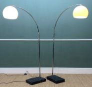 TWO CONTEMPORARY 'ARC' FLOOR LAMPS, chrome arms, opal glass shades, rectangular marble bases, 170cms