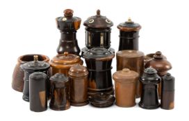 COLLECTION OF TREEN MATCH HOLDERS/GO-TO-BEDS, some lignum vitae, another fern pattern Mauchline