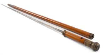 GEORGIAN MALACCA CANE SWORD STICK, with gilt handle and collars, copper ferrule, push release,