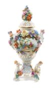 DRESDEN PORCELAIN FLORAL ENCRUSTED VASE & COVER, baluster vase on reticulated Rococo base