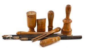 COLLECTION OF SHOOTING TREEN, including cartridge making tools, shot gun barrel stoppers, shotgun